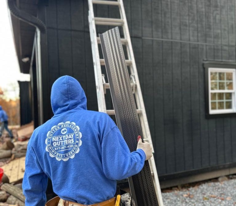 Next Day Gutters installer carrying a long black seamless gutter section to a dark-sided home