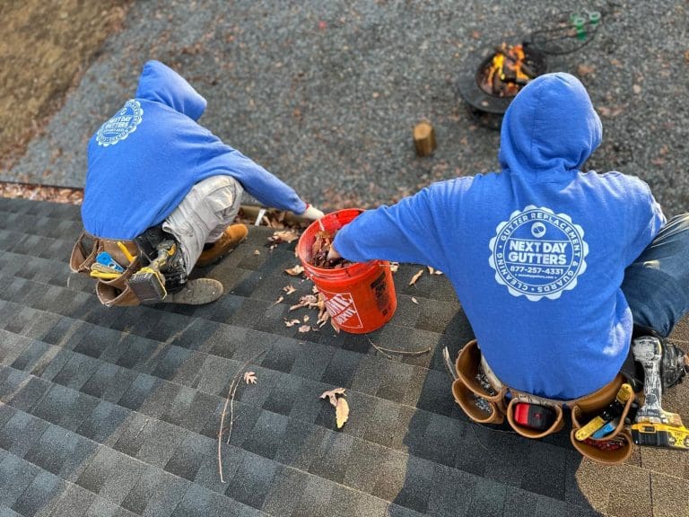Two Next Day Gutters crew members on a shingle roof clearing leaves from a gutter