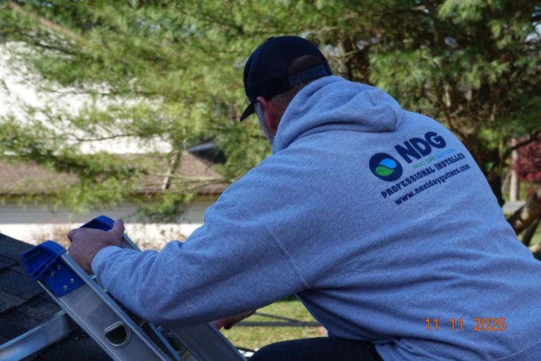 Next Day Gutters installer in a company hoodie climbing a ladder to the roofline