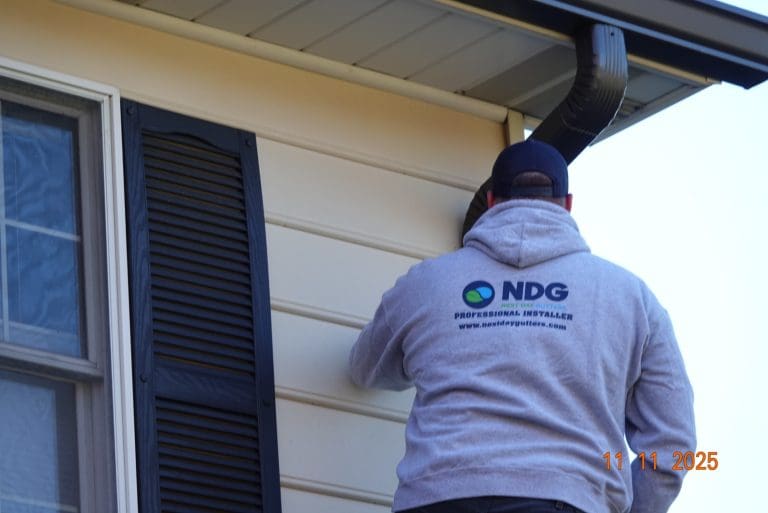 Next Day Gutters installer fitting a downspout against cream siding beside a black shutter