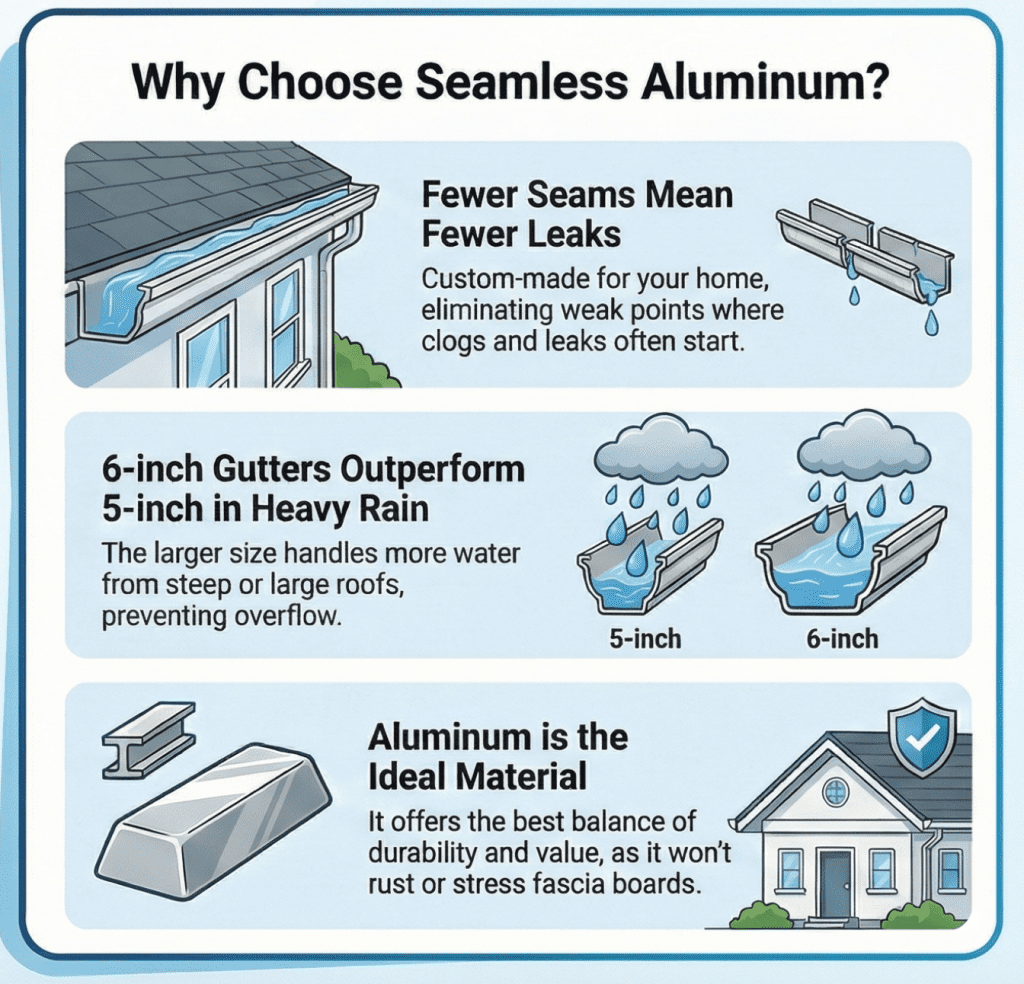 Why Choose Seamless Aluminum? Fewer seams mean fewer leaks, 6 inch Gutters outperform 5 inch in heavy rain, aluminum is an ideal material